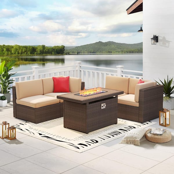 Sizzim 5-Piece Fire Pit Patio Sets Wicker Patio Conversation Set With Fire Pit Table Beige Cushions