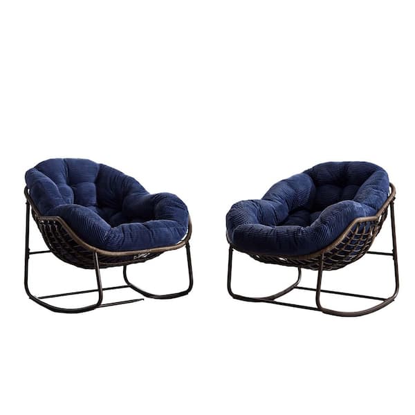Unbranded Metal Outdoor Rocking Chair with Navy Blue Cushions