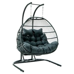 Wicker 2-Person Double Folding Hanging Egg Swing Chair Porch Swing with Charcoal Cushions