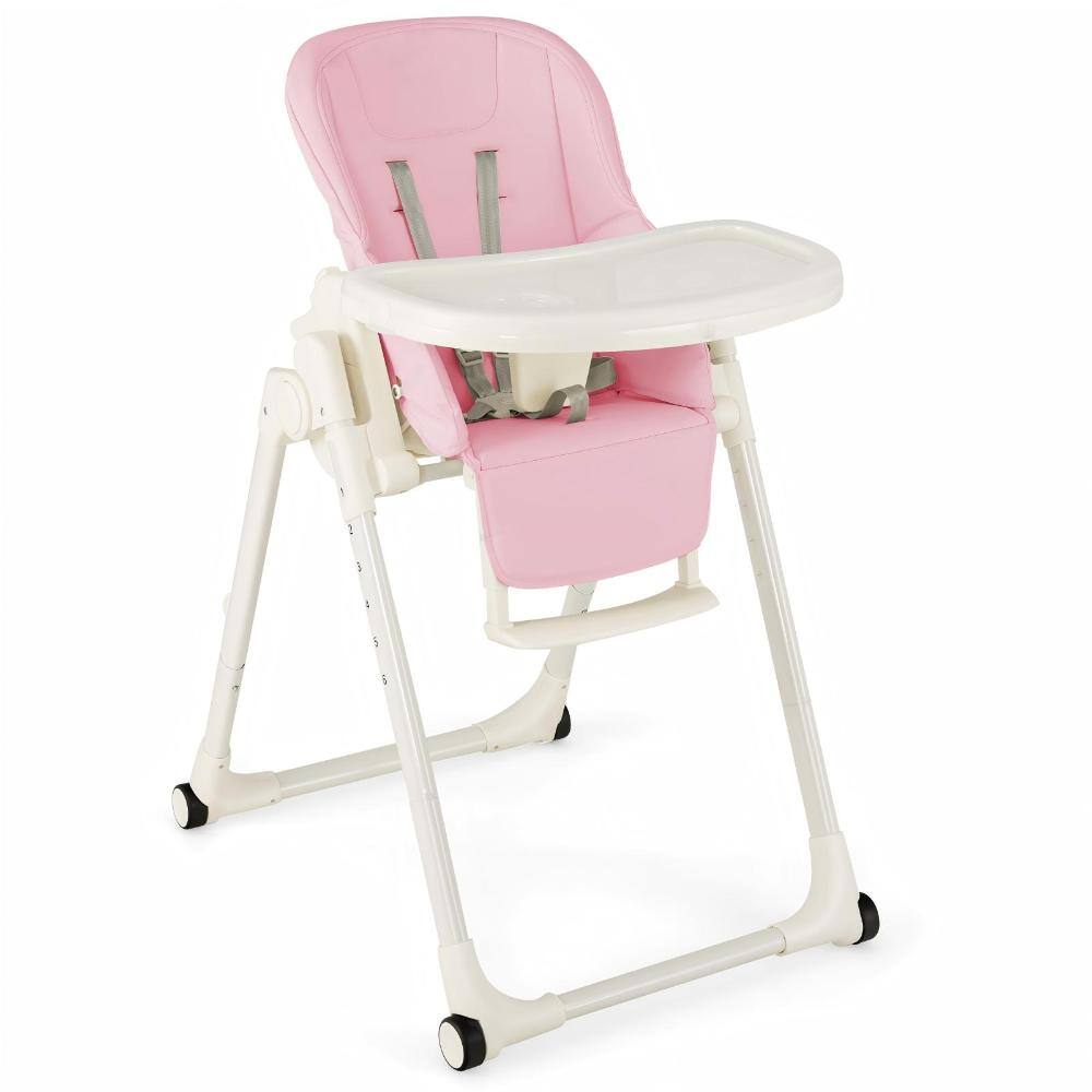 Pink and white 4-in-1 baby high chair with a white tray and safety harness.