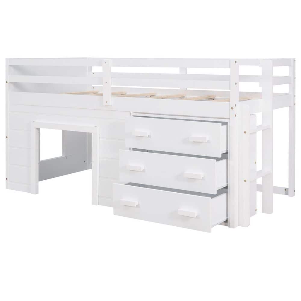 White Twin Size Pine Loft Bed with Storage Drawers
