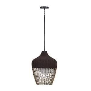 Hannha 22 in. 1-Light Brown Dimmable Outdoor Pendant Light with Khaki Rope Shade