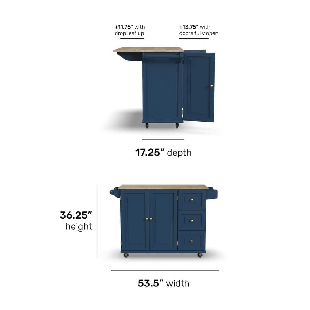 Blue Wood Drop Leaf Kitchen Cart with Spice Rack