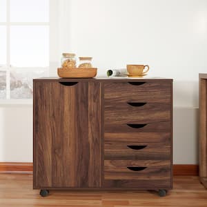 Brown Oak, 5-Drawer Wood Dresser Storage Cabinet with Shelves, Wheels, Craft Storage, Makeup-Drawer File Cabinet,