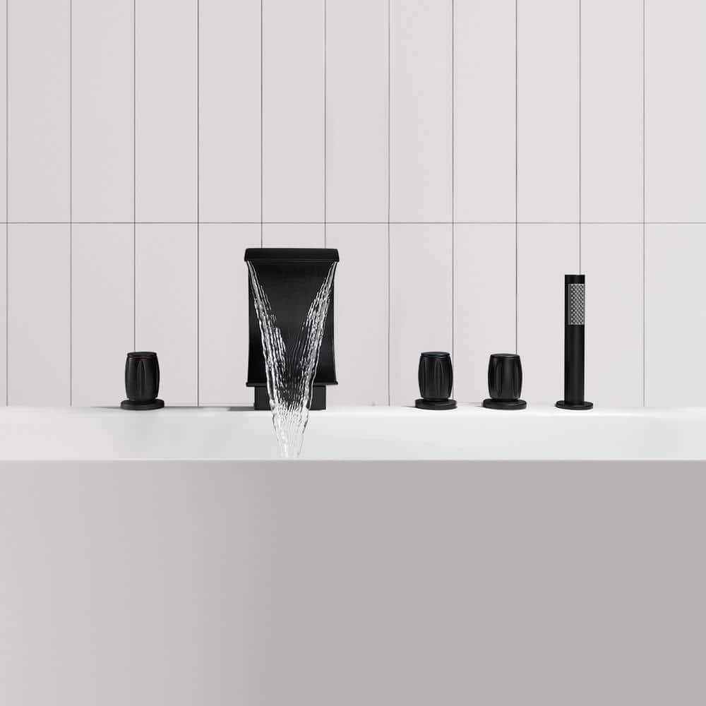 Matte Black Triple Handle Deck-Mount Roman Tub Faucet
