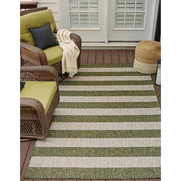 Outdoor Distressed Stripe Green 9 ft. x 12 ft. Area Rug