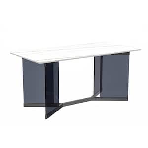 Oryn Modern White/Gold Stone 62 in. Double Pedestal Dining Table, Seats 6