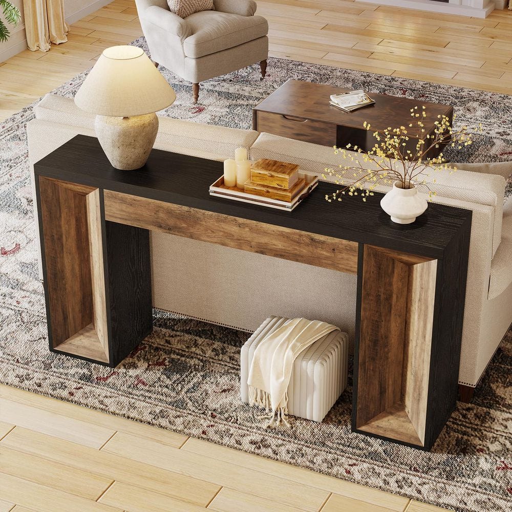 Turrella 63 in. Rectangle Brown Wood Farmhouse Behind Sofa Entryway Long Couch Wall Console Table Geometric Legs price history on PriceWatchPro