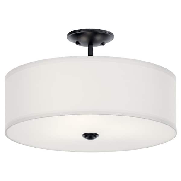 Shailene 18 in. 3-Light Black Round Hallway Transitional Semi-Flush Mount Ceiling Light with Microfiber Shade
