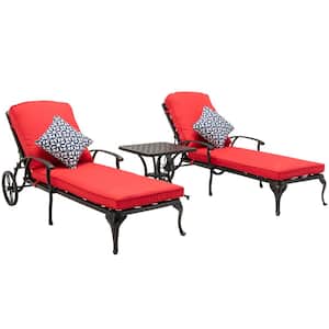 Antique Bronze 3-Piece Aluminum Adjustable Reclining Outdoor Chaise Lounge with Red Cushions and Table