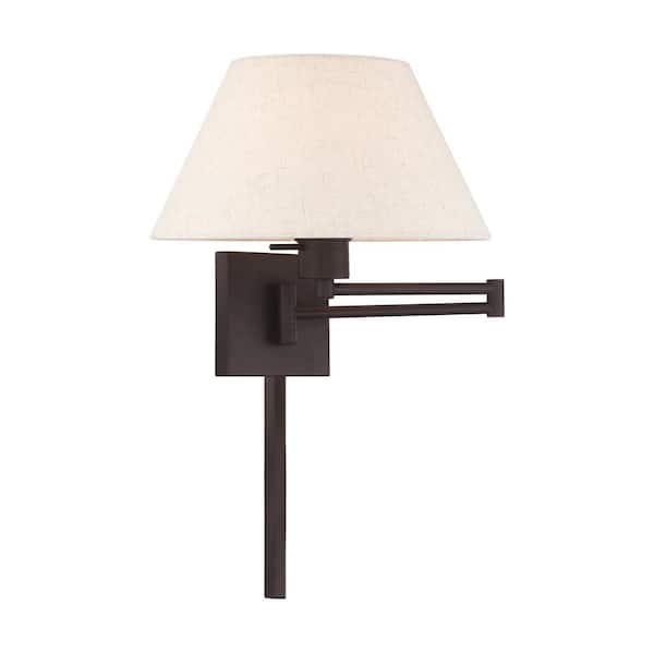 AVIANCE LIGHTING Atwood 1-Light Bronze Plug-In/Hardwired Swing Arm Wall Lamp withOatmeal Fabric Shade
