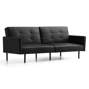 2-Seat Black Faux Leather Futon Chair Sofa Bed with Buttonless Tufting