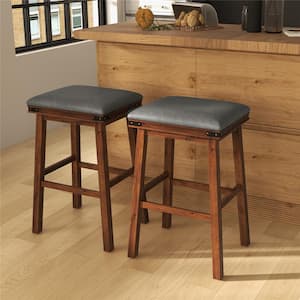 30 in. Brown Backless Wood Bar Stool with Faux Leather Seat (Set of 2)