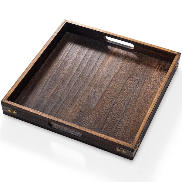 13 in. x 13 in. x 1.77 in. Brown Wood Serving Tray for Living Room, Coffee, Bed, Kitchen, Bathroom, Breakfast and Bar
