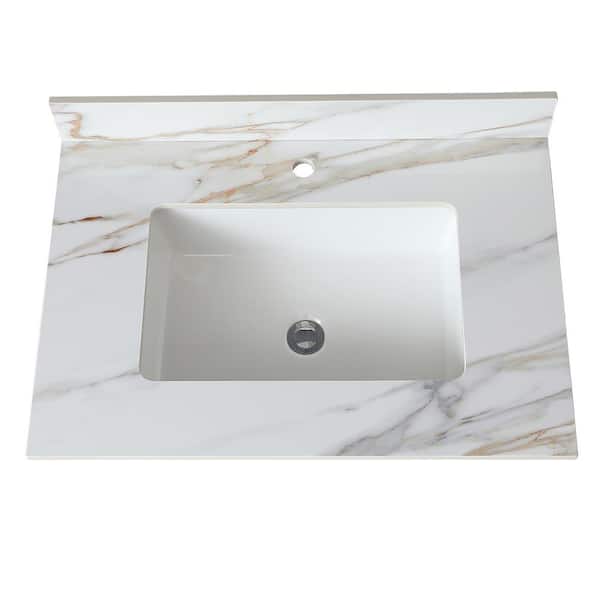 Flynama 31 in. Marble Vanity Top, Bathroom Vanity Top with Undermount Rectangular Middle Sink in White