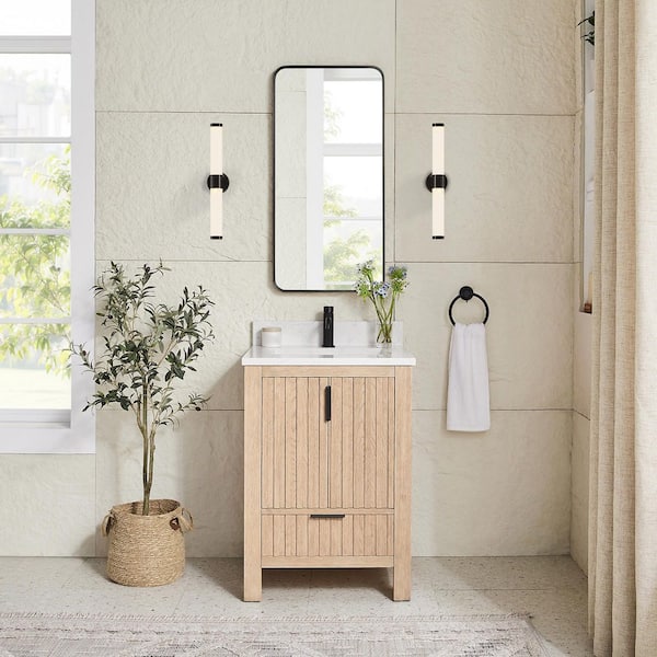 Shenzhen 24 in. W x 22 in. D x 34 in. H Single Bath Vanity in Aged Natural Oak with White Engineered  Stone Top
