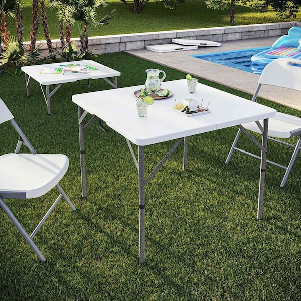 Unbranded 34 in. W White Square Plastic Indoor Outdoor Plastic Picnic Table, Height Adjustable Dining Table with Easy-Carry Handle