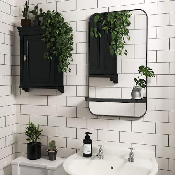 22 in. W x 27 in. H Rectangular Metal Framed Wall Bathroom Vanity Mirror in Black with Shelf