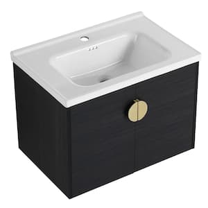 27.80 in. W Floating Wall-Mounted Bath Vanity in Black with White Ceramic Top