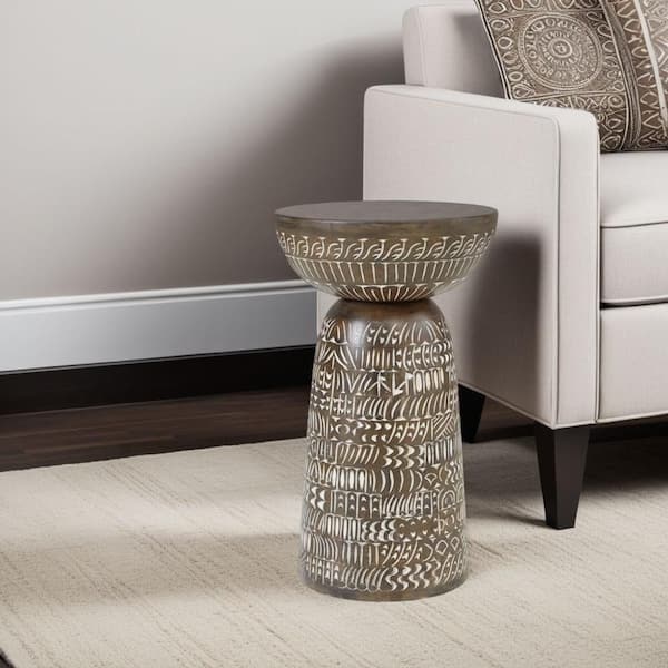 Benjara 17 in. Brown and Cream Round Wooden End Table with Classical Tribal Carved Design