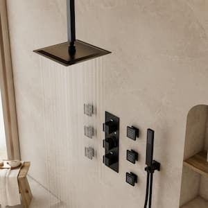 Thermostatic 5-Spray 12 in. Ceiling Mount Dual Shower Head and Handheld Shower in Matte Black (Valve Included)