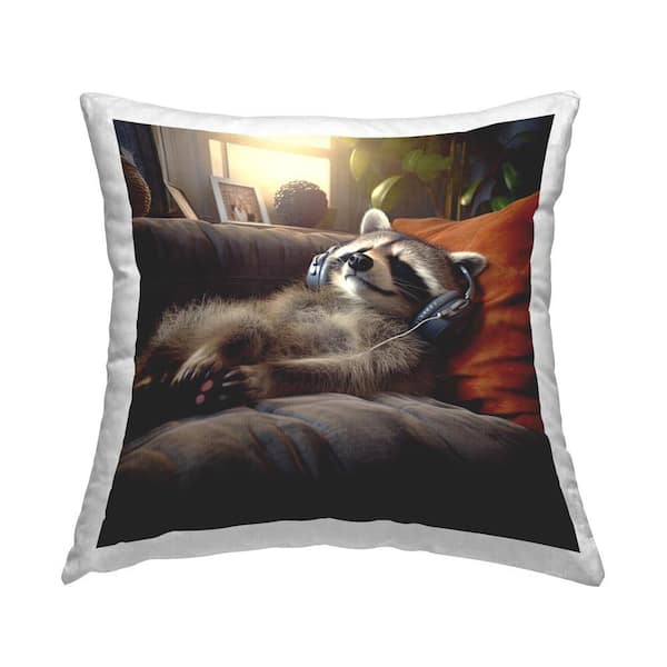 Stupell Industries Raccoon and Relaxing Music Gray Print Polyester 18 in. x 18 in. Throw Pillow