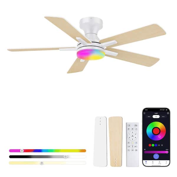 42 in. Smart Outdoor Indoor White Flush Mount Ceiling Fan with RGB LED Lights and APP/Remote Control, Dimmable, 6 speeds