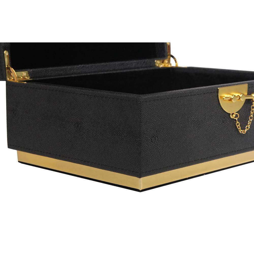 Elegant Black Faux Leather Rectangular Decorative Box with Gold Accents
