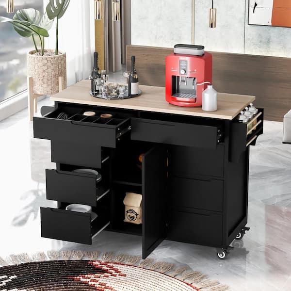 Tileon Black Rubber Wood 53.1 in. Kitchen Island with 8-Drawers, 1 Door Cabinet and Towel Rack