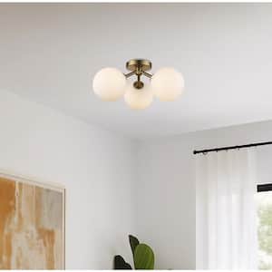 Haskell 16 in. 3-Light Antique Gold Flush Mount Ceiling Light Fixture with White Opal Glass Shades