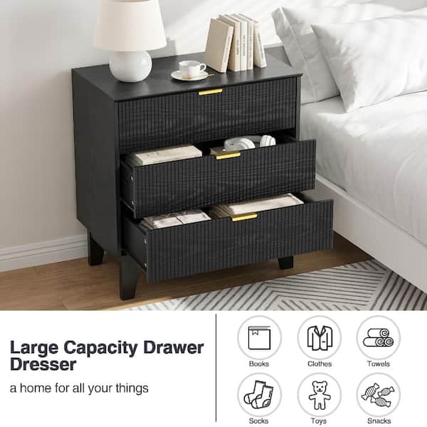 Aupodin Black Fluted 3 Drawer Dresser Modern Wood Chest of Drawers Wide Storage Cabinet for Bedroom Living Room Entryway