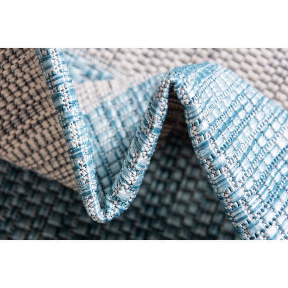 Aqua Blue and Ivory Stripe 6' x 9' Easy-Care Outdoor Rug