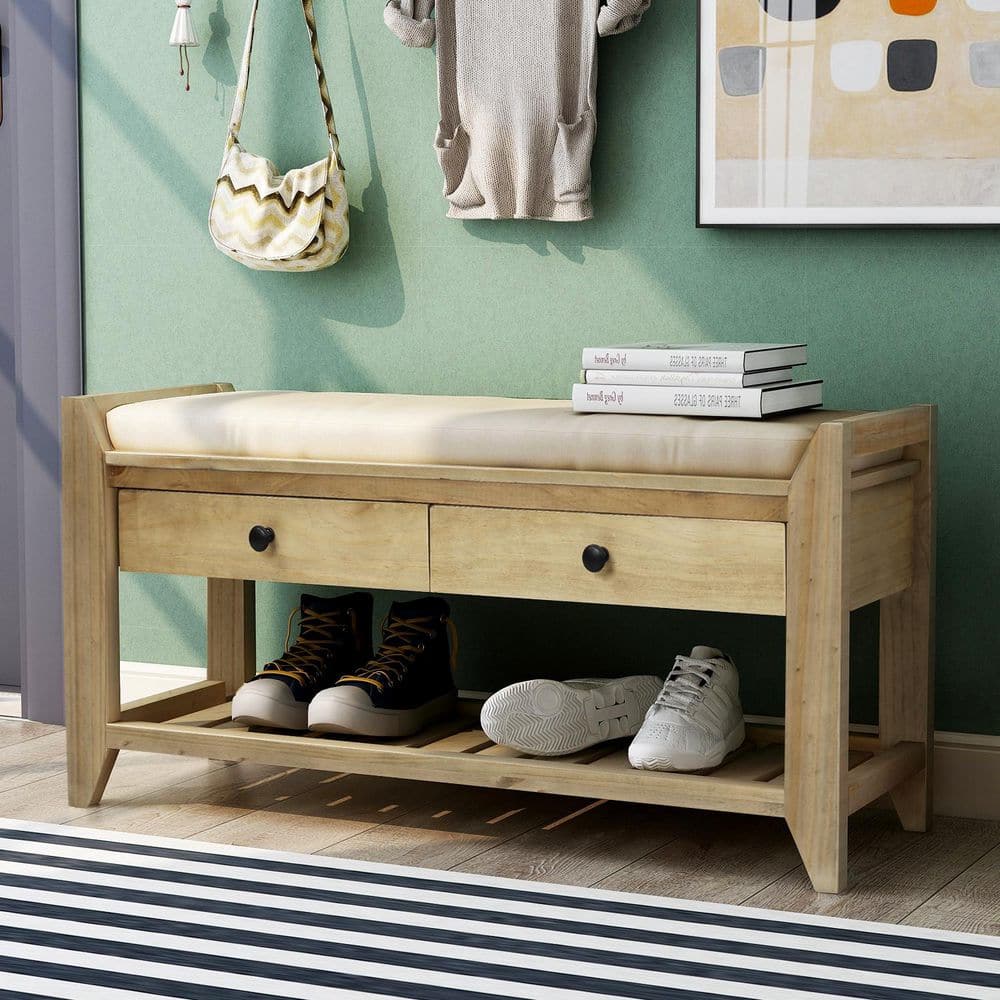 Phineas 19.80 in. H x 39.00 in. W Gray Wash Wood Shoe Storage Bench with Cushioned Seat and Drawers price history on PriceWatchPro