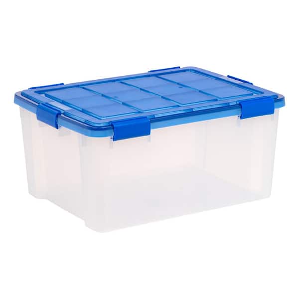 15 Gal./60 Qt. Lockable Plastic Storage Tote, Clear with Blue Lid and Buckles (4-Pack)
