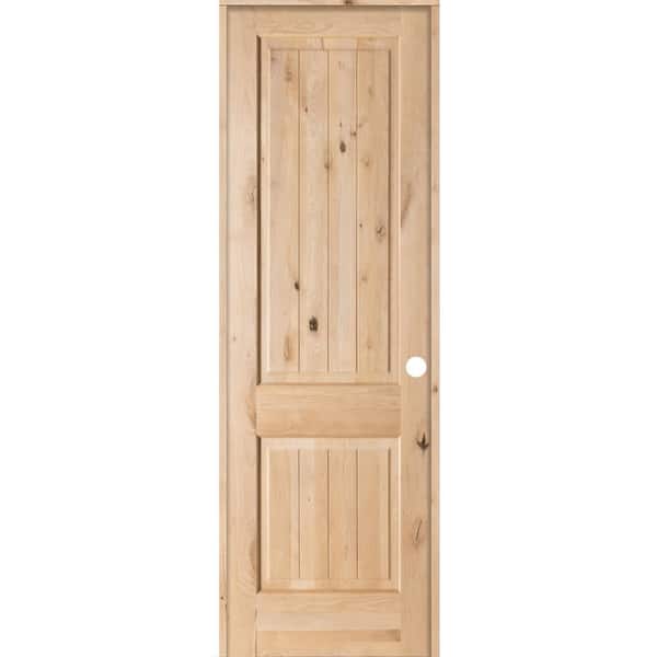 Krosswood Doors 30 in. x 96 in. Knotty Alder 2 Panel Square Top V-Groove Solid Wood Left-Hand Single Prehung Interior Door