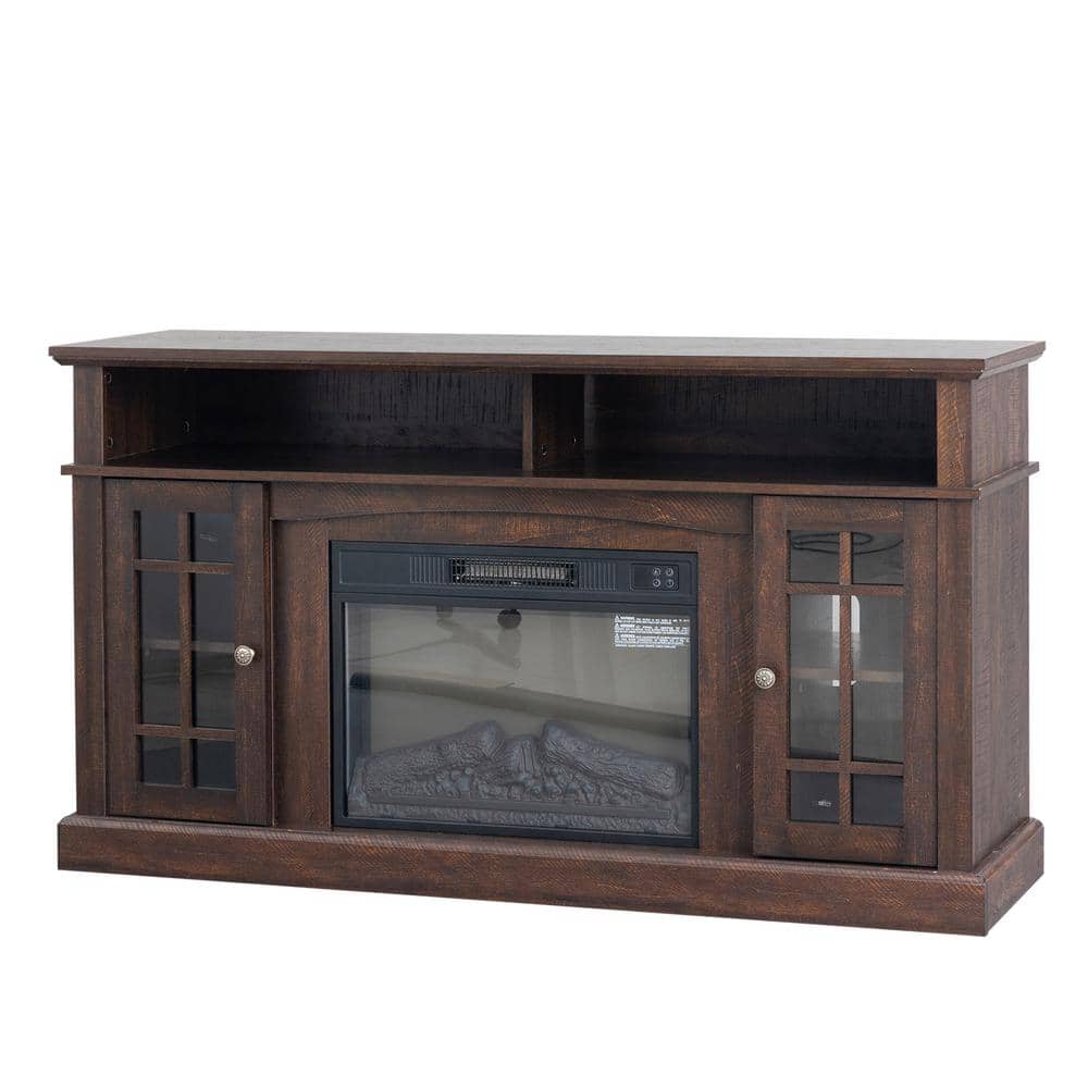 58.07 in. W x 15.75 in. D x 32.09 in. H Brown Wood Linen Cabinet with TV Stand and Electric Fireplace, Antique Brown