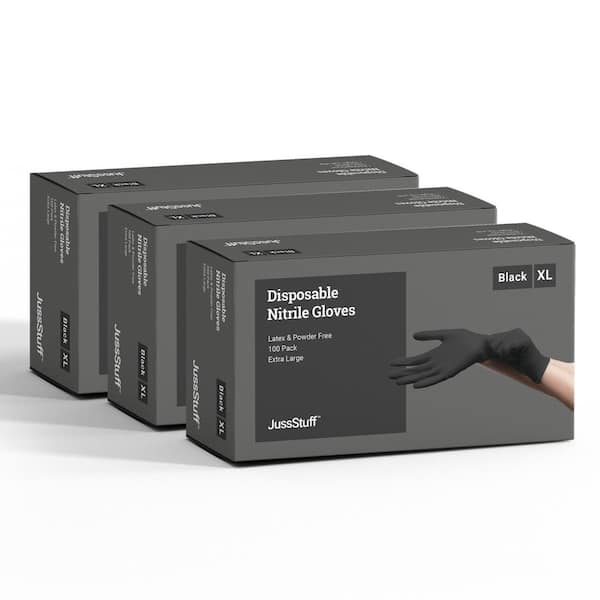 JussStuff Extra Large Nitrile Exam Latex Free and Powder Free Gloves in Black - 3 Boxes of 100 Gloves (300 Total)