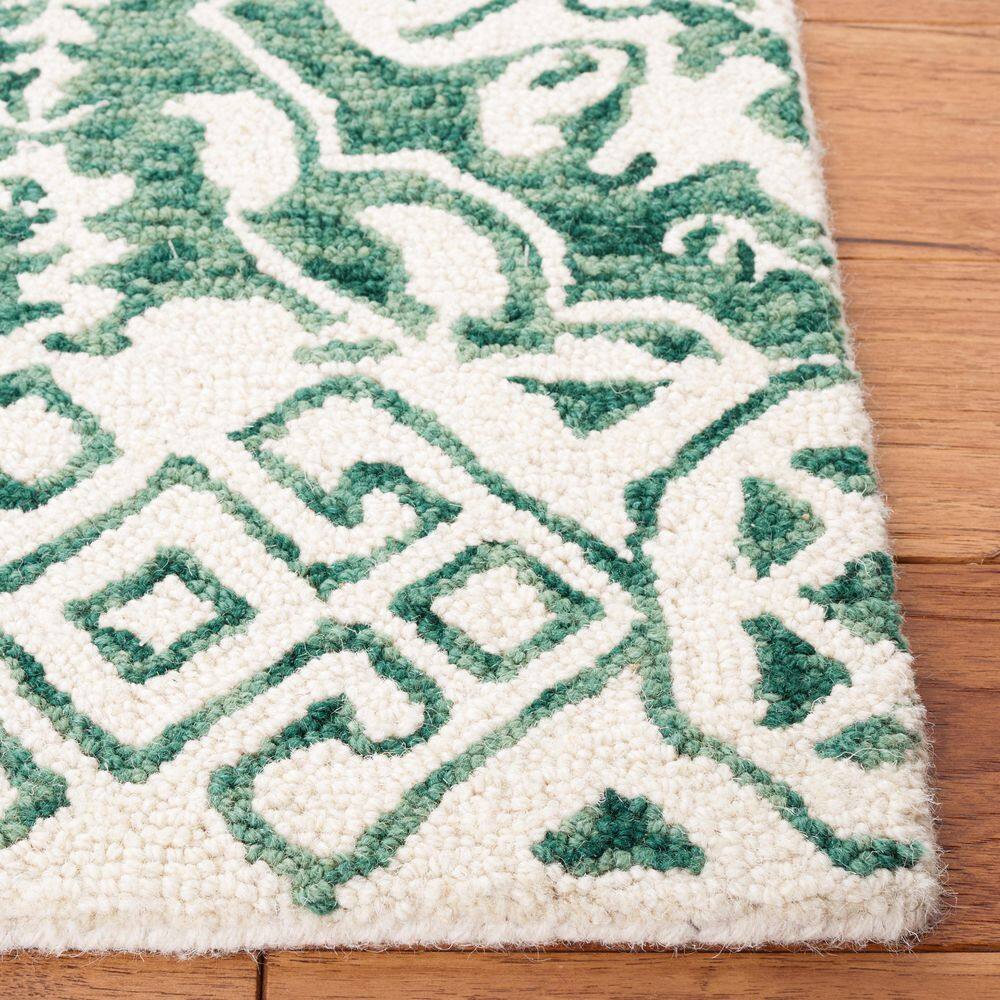 Ivory and Dark Green Wool Tufted Rectangular Area Rug