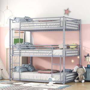 Gray Twin Size Triple Metal Bunk Bed with Built-in Ladder, Divided into 3-Separate Beds
