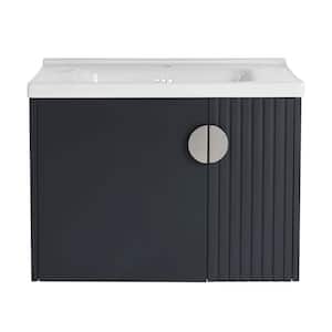 28 in. Black Wall Mounted Plywood Bathroom Vanity with White Ceramic Sink and Soft-Close Cabinet Door
