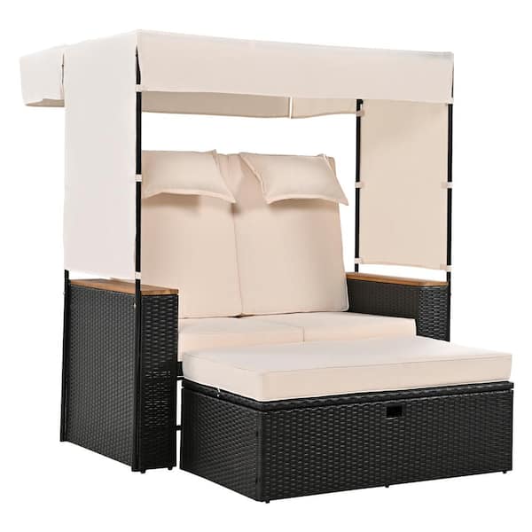 URTR 2-Piece Wicker Outdoor Recliner 2-Seat Sofa with Storage Bench Lounge Chair w Adjustable Backrest, Canopy, Beige Cushion