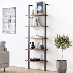 Theo 73 in. Matte Black Reclaimed Oak Wood 5-Shelf Ladder Bookcase with Black Metal Frame
