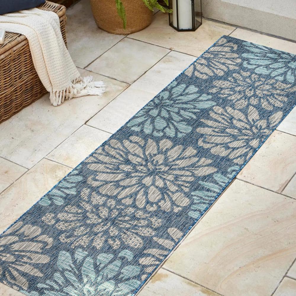 Navy and Aqua Floral Flat Woven Runner Rug