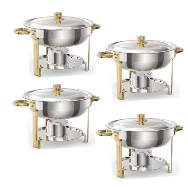 4 Pack 5.3 Qt. Stainless Steel Round Chafing Dish Buffet Set with Food & Water Pan & Rose Gold Stand