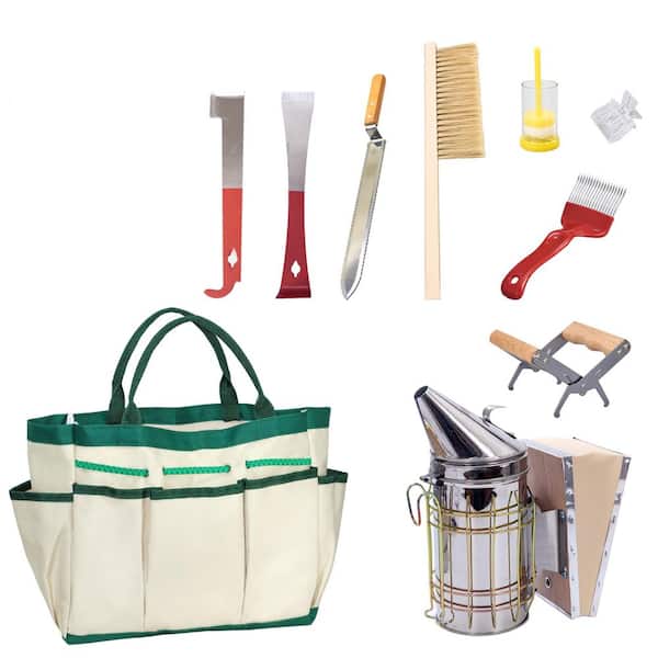 KIWDZFU Beekeeping Tools Kit 9-Piece with Organizer Tote Stainless Steel Durable Beekeeping Supplies Bee Smoker Beehive Tools