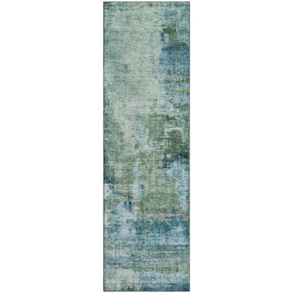 Mayfield Premium Machine Washable Abstract AMF2300 Teal 2 ft. x 7 ft. Runner Rug