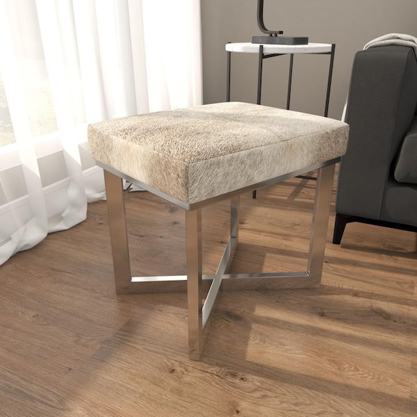 19 in. Silver Stainless Steel Hair on Hide Stool