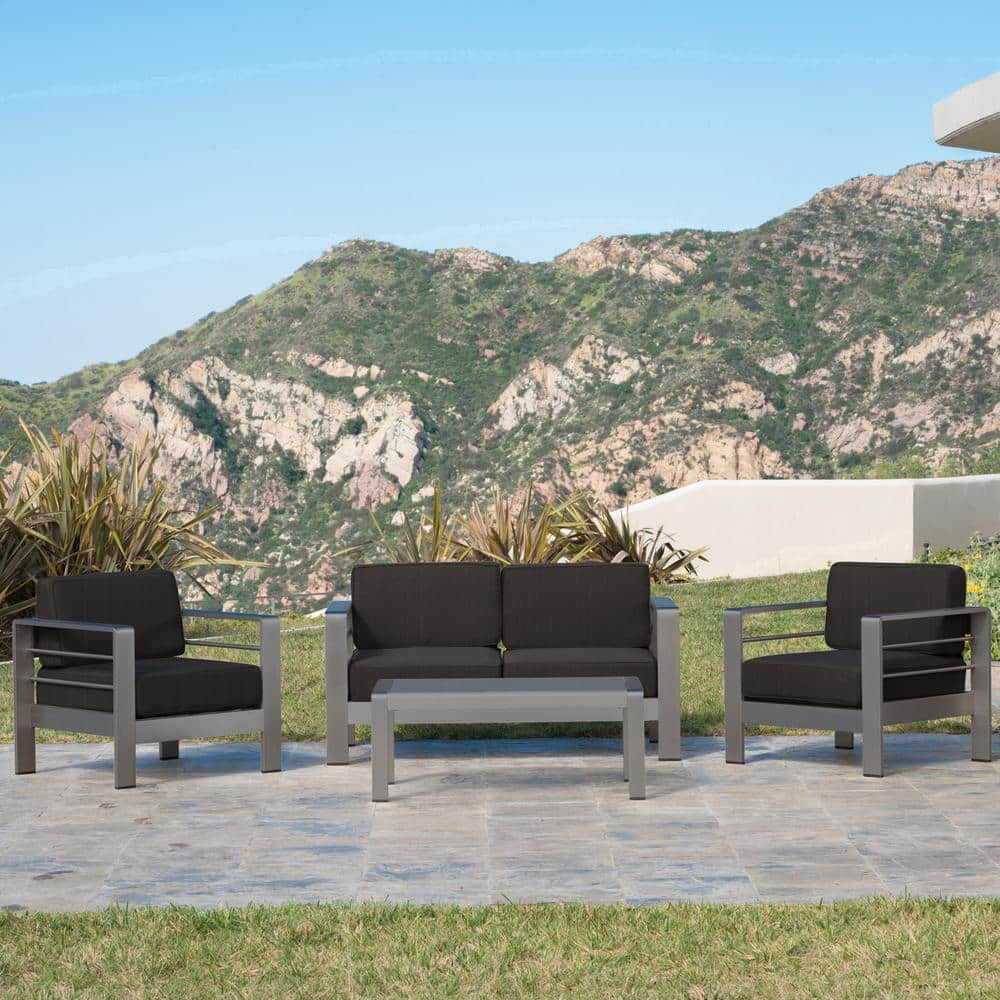 Gray Aluminum 4-Piece Outdoor Loveseat and Club Chair Set