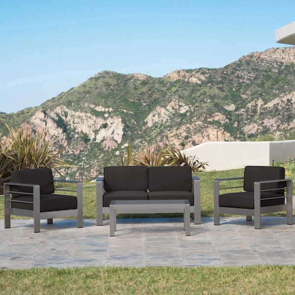 4-Piece Metal Patio Conversation Set with Dark Gray Cushions
