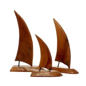 Brown Teak Wood Handmade Sail Boat Sculpture (Set of 3)